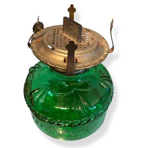 Vintage Green Glass Oil Lamp Brass Burner by Fook Cheung Hong Kong Collectible - Picture 7 of 8